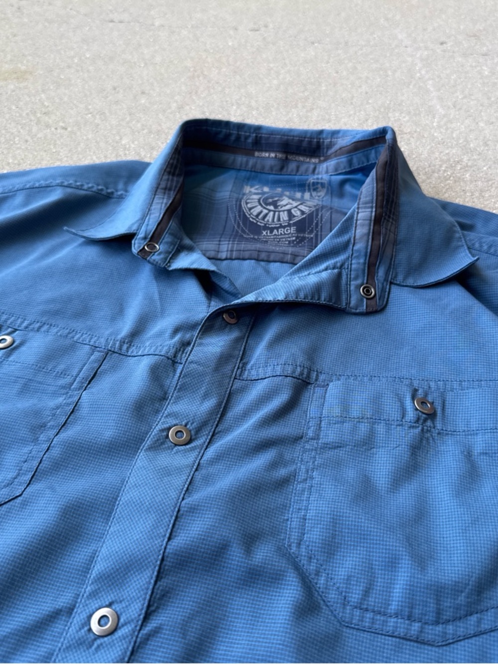 Kuhl Stealth Shirt Mens XL Blue Performance Short Sleeve Snap Button Outdoor